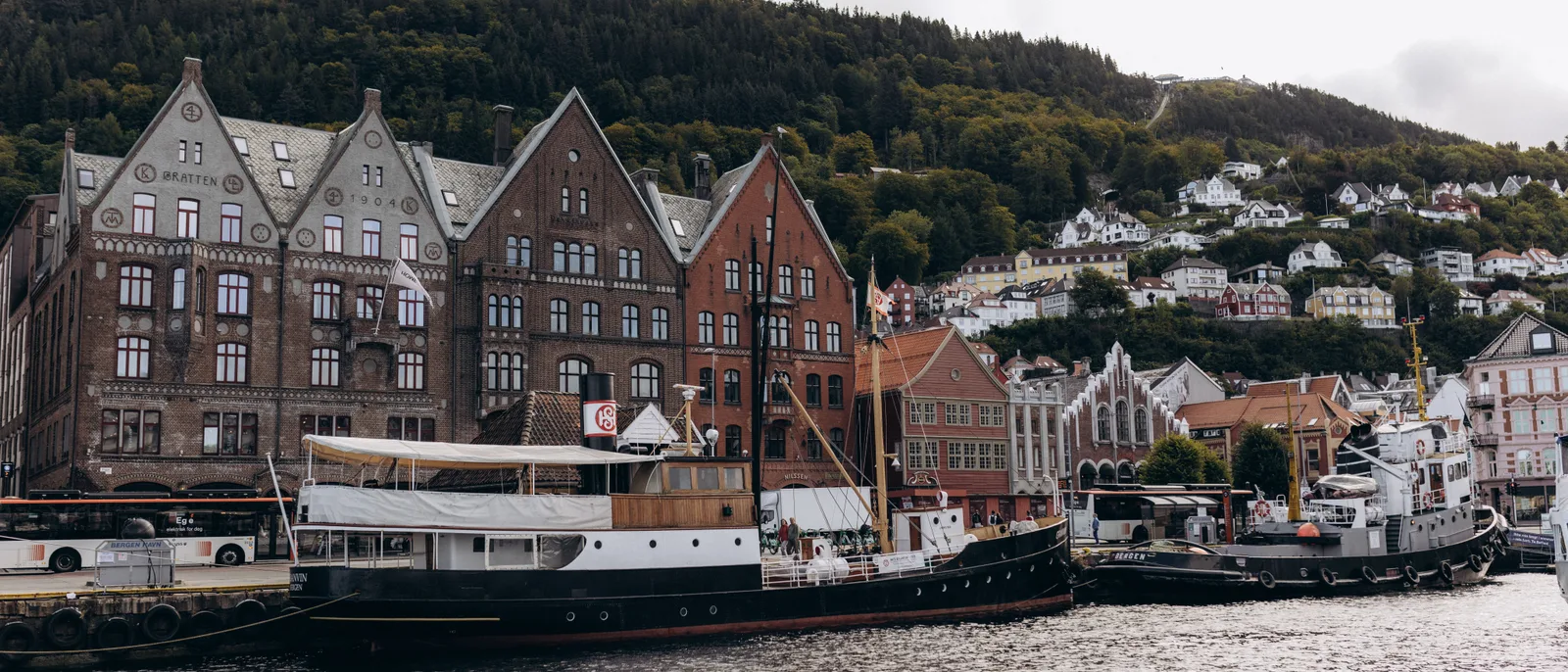 Old ships moored in front of the Bryggen wharf in Bergen, the pointed timber gables below a wooded hillside.