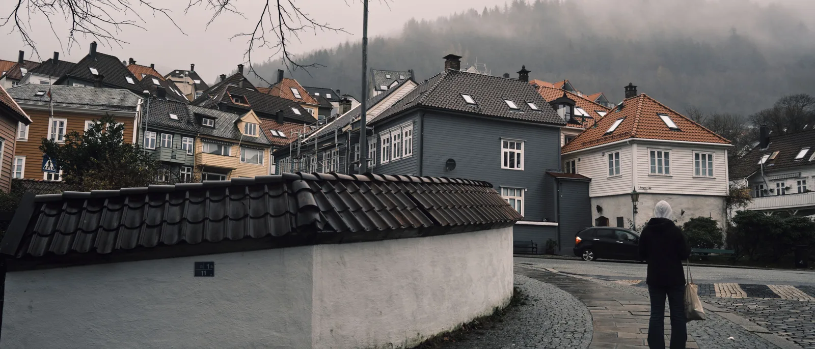 A wet street in Bergen on a misty day, a figure walking past a whitewashed wall below painted houses and a forested hillside in low cloud.