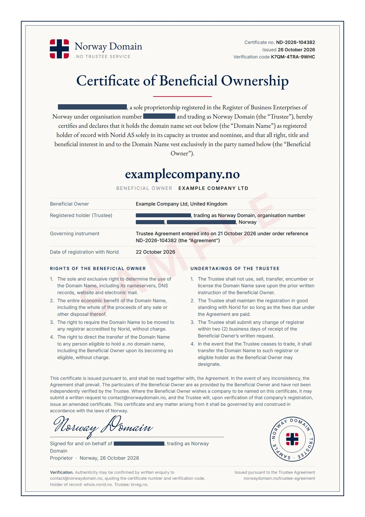 Sample certificate of beneficial ownership for examplecompany.no. It names Example Company Ltd, United Kingdom, as beneficial owner and Norway Domain as registered holder and trustee, lists the rights of the beneficial owner and the undertakings of the trustee, and carries a signature and seal. The trustee's name, organisation number and address are redacted.