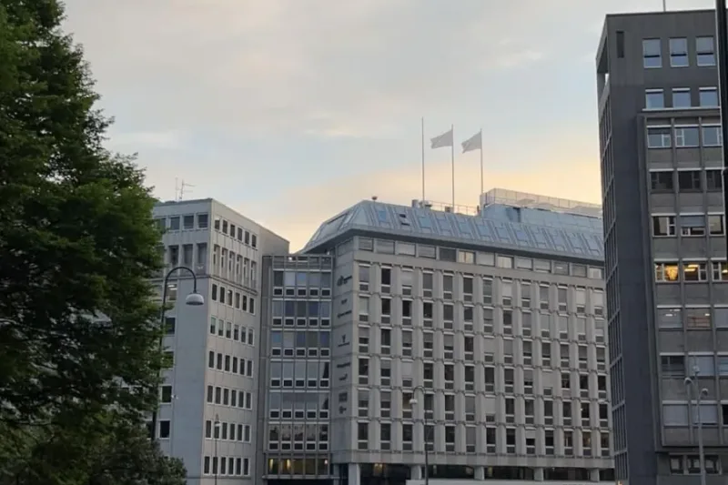 A crowd crossing a wide street in central Oslo on a summer evening, office blocks and flagpoles behind them.